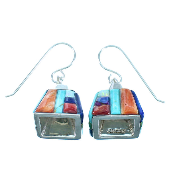 Southwest Genuine Sterling Silver Multicolor Inlay Hook Dangle Earrings LX114034